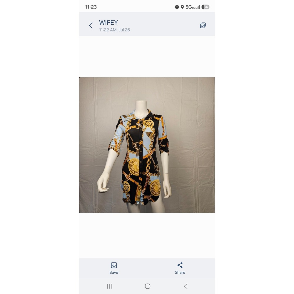 Fashion Nova Baroque Chain Print Button Down Shirt Dress Black Blue Gold Small
